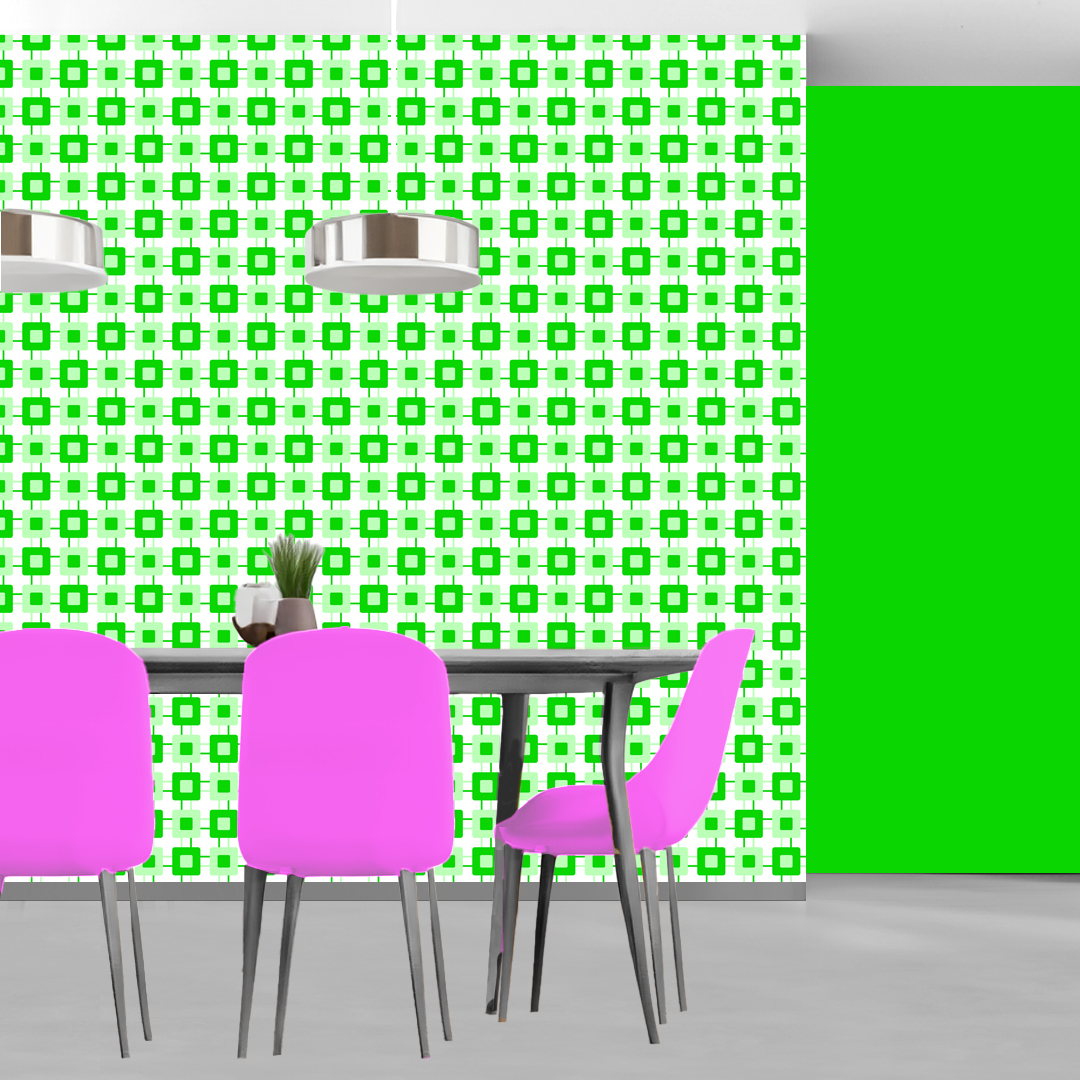 The artwork features a repeating geometric pattern of symmetrical shapes resembling elongated, curved diamonds or petals in various shades of blue and green. Each shape is split vertically with one half filled with a light blue and the other half filled with green or darker blue. The background is a light, almost pastel blue, which provides a soft yet vibrant backdrop. One of the blue shapes near the upper left contains a white starburst element, adding a focal point of brightness to the composition. The overall design conveys a modern, mid-century aesthetic with clean lines and harmonious color contrasts.